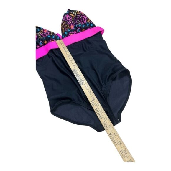 Sunshine Zone Halter Deep V-Neck One Piece Swimsuit Size M Black Pink Printed - Picture 5 of 11